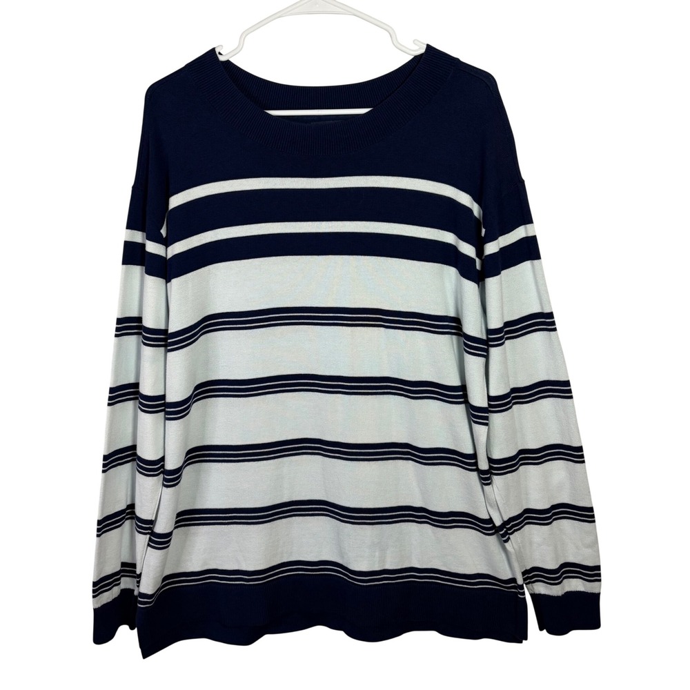 Lands End Navy Light Blue Striped Long Sleeve Crew Neck Sweater Tall Large L/T